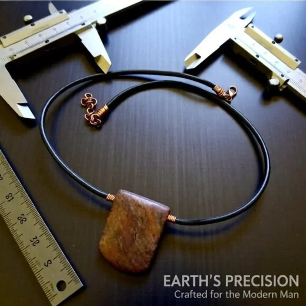 Rugged & Masculine!  Striated Brown Jasper Tablet + Genuine Leather Cord 20+2